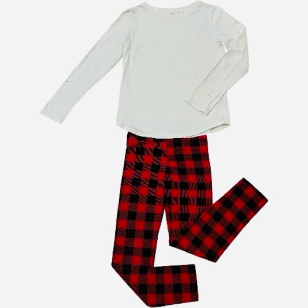 Girls 2piece Set White Long Sleeve Top and Plaid red, black Leggings Size M 7/8